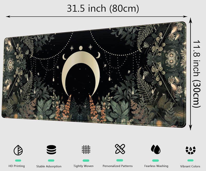 DCJJM Cute Green Forest Leaves Desk Mat Whimsical Moon Mousepad XL Large Extended Gaming Mouse Pad with Stitched Edges, Computer Laptop Keyboard Mouse Mat Desk Pad 31.5x11.8 in Non-Slip Rubber Base - Image 2