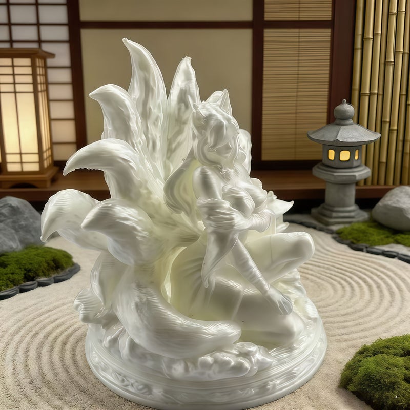 Nine Tailed Fox Demon Figure Oriental Mythology White Ornament Japanese Style Desktop Decoration Odorless Artwork Display Study Bar Cabinet Collectible Trendy Home Decor for Living Room Entryway TV Cabinet Car - Image 2