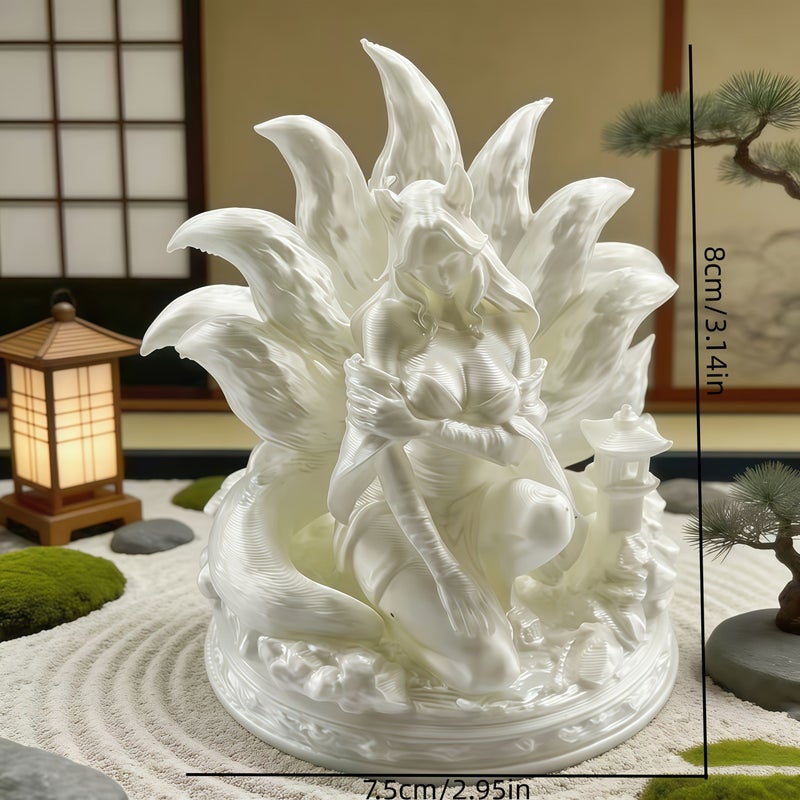Nine Tailed Fox Demon Figure Oriental Mythology White Ornament Japanese Style Desktop Decoration Odorless Artwork Display Study Bar Cabinet Collectible Trendy Home Decor for Living Room Entryway TV Cabinet Car - Image 3