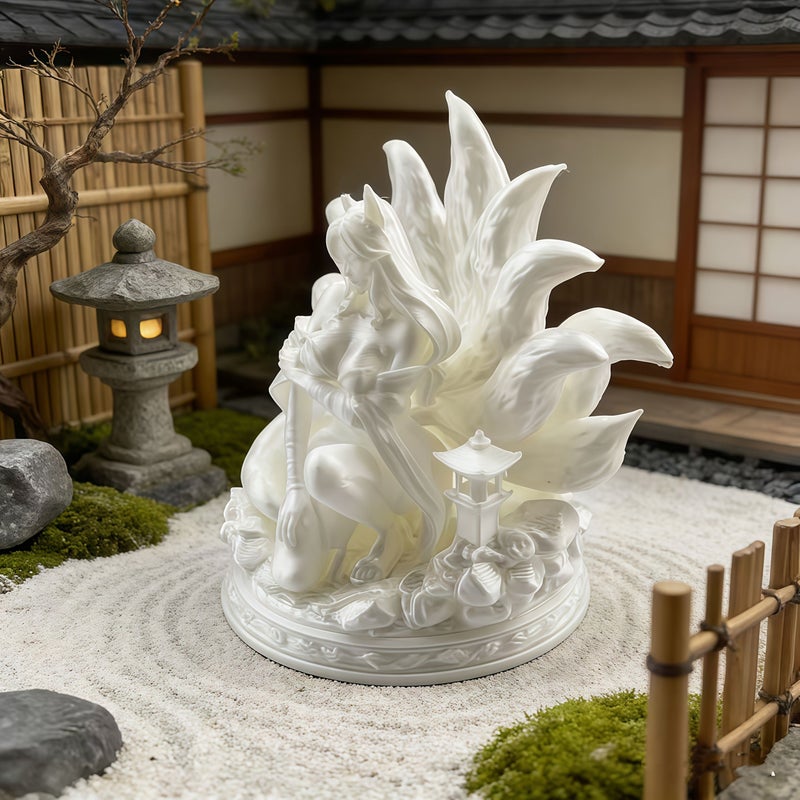 Nine Tailed Fox Demon Figure Oriental Mythology White Ornament Japanese Style Desktop Decoration Odorless Artwork Display Study Bar Cabinet Collectible Trendy Home Decor for Living Room Entryway TV Cabinet Car - Image 1