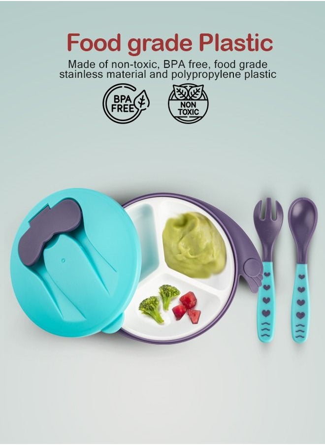 BAYBEE Silicone Baby Feeding Bowl With Closing Lid Suction Cup Spoon Fork Set For Baby Feeding Baby Tableware Set Soft First Stage Feeding Baby Bowls Kids Bowl Spoon Set For Baby Toddlers Blue  - Image 4