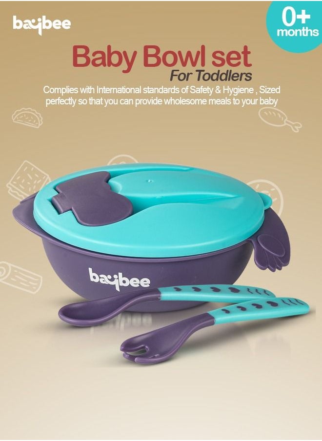 BAYBEE Silicone Baby Feeding Bowl With Closing Lid Suction Cup Spoon Fork Set For Baby Feeding Baby Tableware Set Soft First Stage Feeding Baby Bowls Kids Bowl Spoon Set For Baby Toddlers Blue  - Image 3