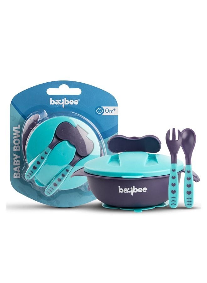 BAYBEE Silicone Baby Feeding Bowl With Closing Lid Suction Cup Spoon Fork Set For Baby Feeding Baby Tableware Set Soft First Stage Feeding Baby Bowls Kids Bowl Spoon Set For Baby Toddlers Blue  - Image 1