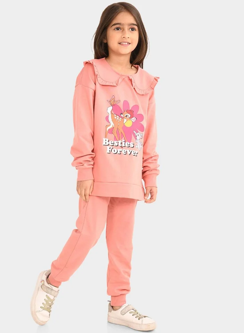 Bonkids Regular Fit Printed Dusty And Pink Cotton Sets For Girls Round Neck Flat Collar Pull On 100 % Cotton