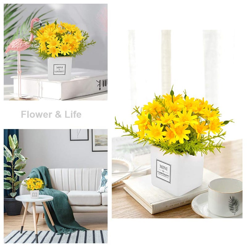 AIFUSI Artificial Flowers, Yellow Daisy Flower with Vase Silky Artificial Daisies Bouquet Fake Plant Bonsai for Home Office Wedding Decoration, Table Centerpieces Arrangement, Windowsill Decor - Image 2
