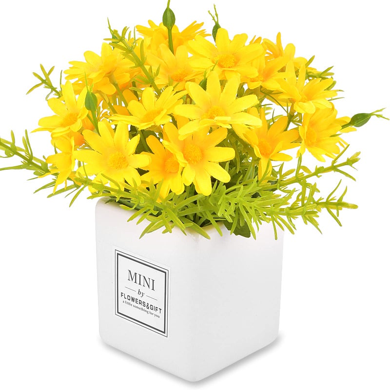 AIFUSI Artificial Flowers, Yellow Daisy Flower with Vase Silky Artificial Daisies Bouquet Fake Plant Bonsai for Home Office Wedding Decoration, Table Centerpieces Arrangement, Windowsill Decor - Image 1