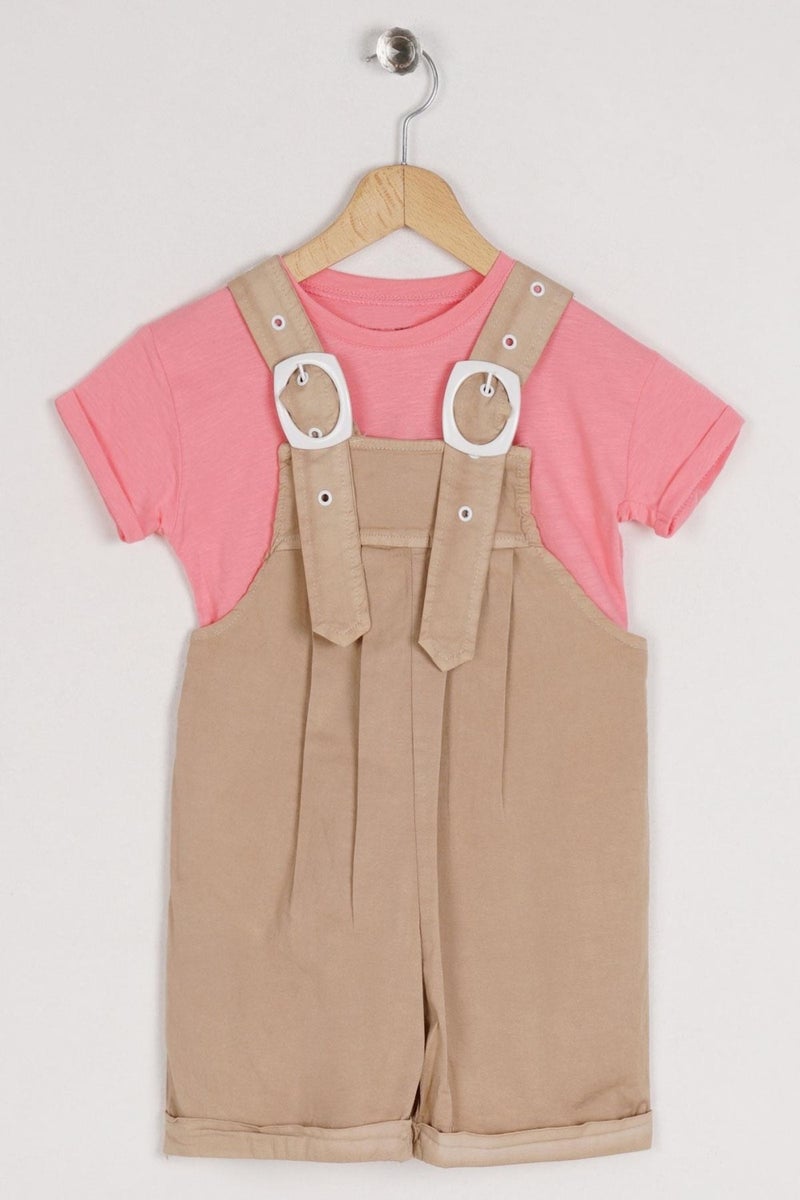 Zepkids Crew Neck Short Sleeve Shorts Belt Detailed Beige Color Girls Shorts Overalls - Image 3