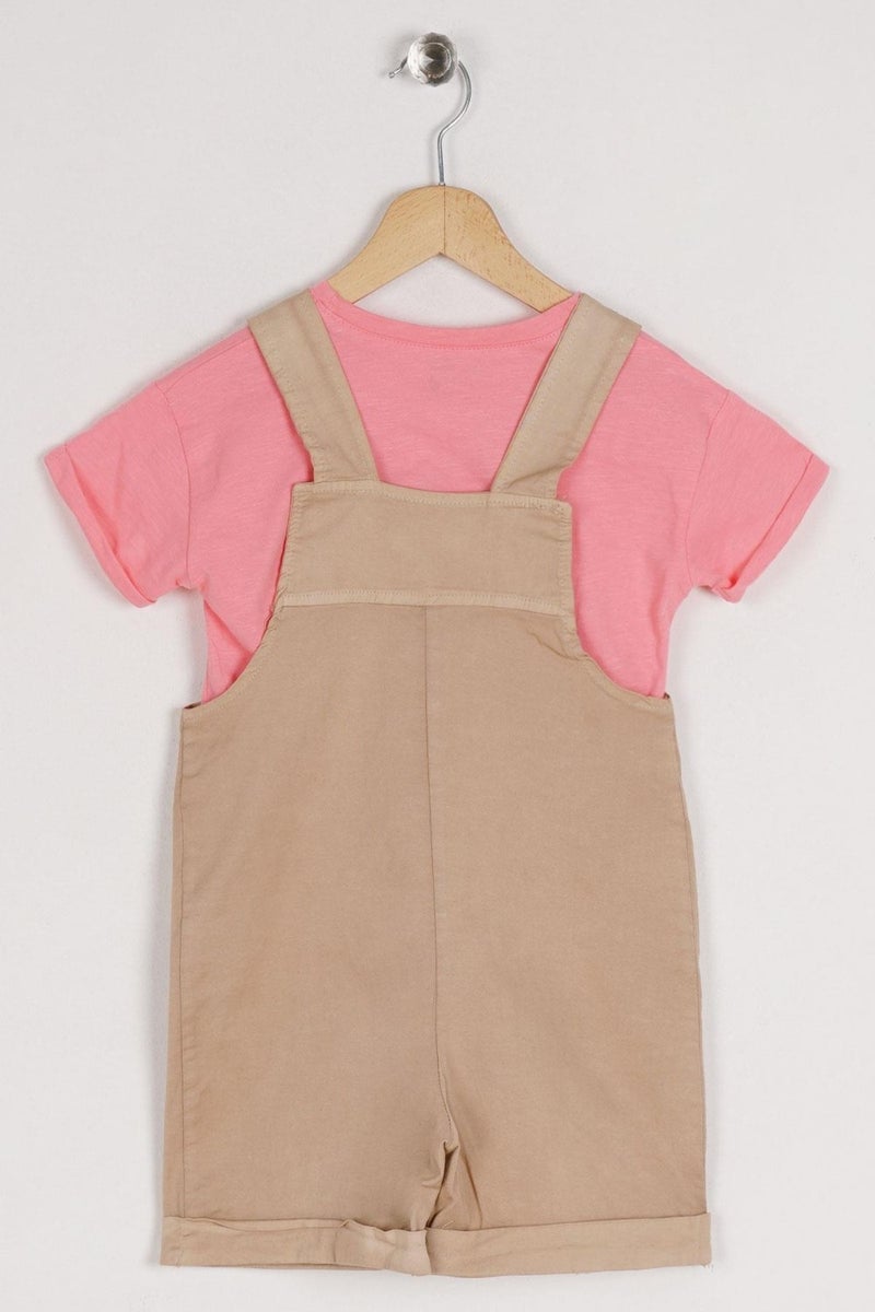 Zepkids Crew Neck Short Sleeve Shorts Belt Detailed Beige Color Girls Shorts Overalls - Image 4