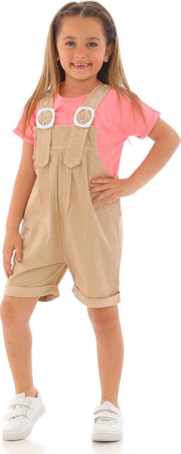 Zepkids Crew Neck Short Sleeve Shorts Belt Detailed Beige Color Girls Shorts Overalls - Image 1