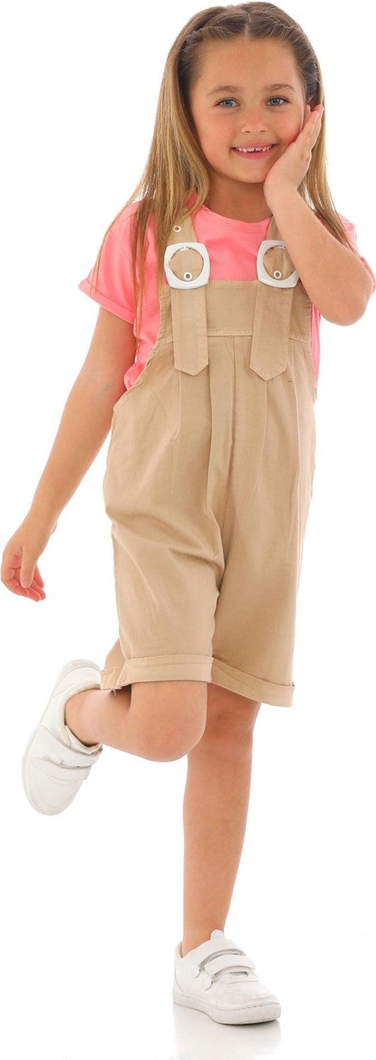 Zepkids Crew Neck Short Sleeve Shorts Belt Detailed Beige Color Girls Shorts Overalls - Image 2