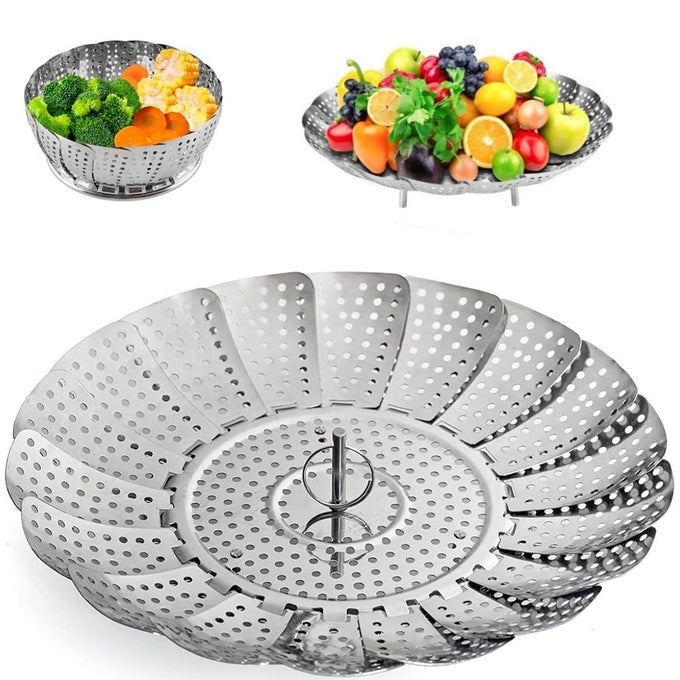 STEAMER BASKET STAINLESS STEEL INSTANT POT ACCESSORIES FOR FOOD AND VEGETABLE PREMIUM EXPANDABLE STEAM BASKET TO FIT VARIOUS SIZE POTS MEDIUM 61 TO 105