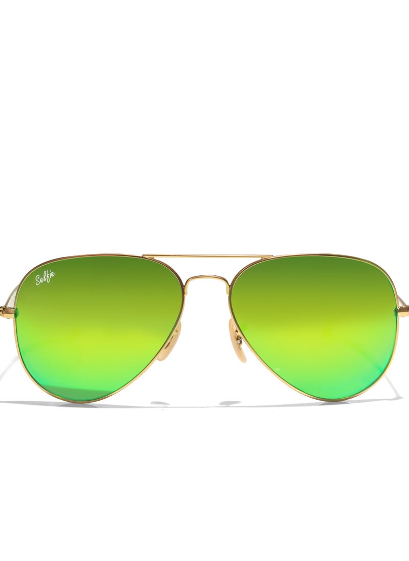 selfie Selfie Aviator Green Mirror Gold Metal Frame with UV 400 Sunglasses, SE3025-020  - Image 1