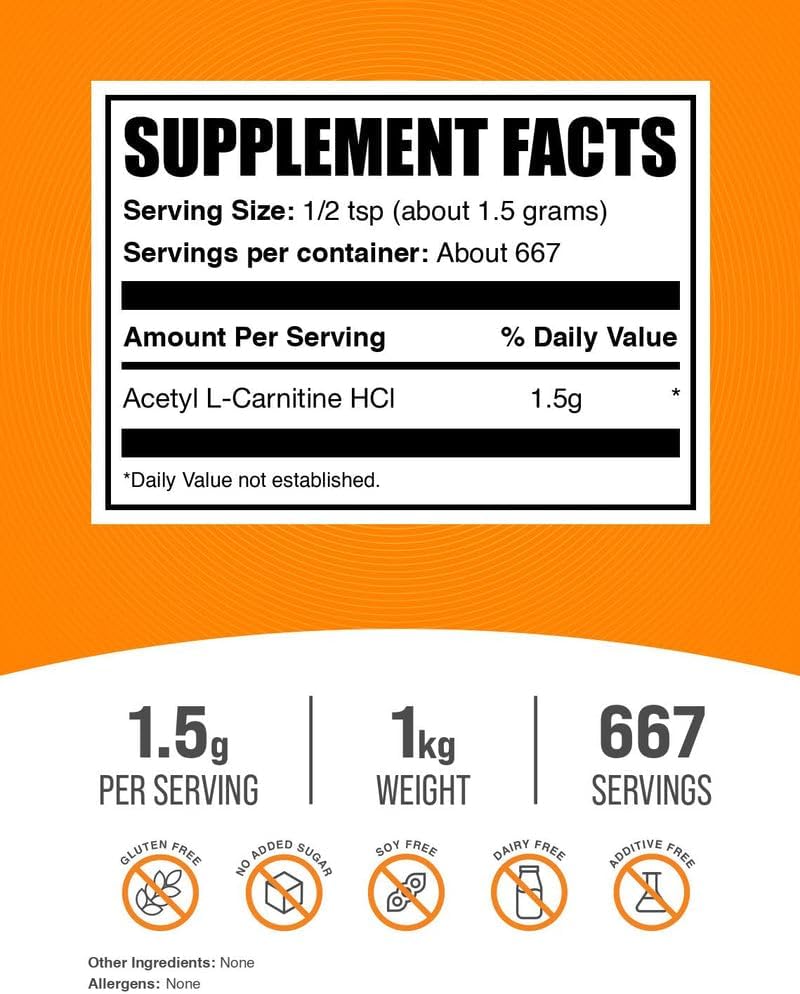 BulkSupplements مسحوق أسيتيل إل كارنيتين من بولك سابليمنتس  كألكار HCl مكمل كارنيتين خالي من الغلوتين 15 جرام لكل حصة 1 كجم 22 رطل عبوة من 1 - Image 2