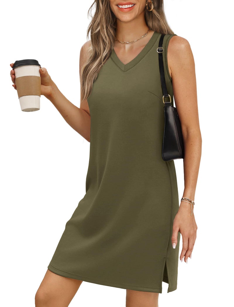 BKRIVE V-Neck Summer Casual Beach Dress for Women 2026 Vacation Women's Sleeveless Sundress with Split Army Green - Image 1
