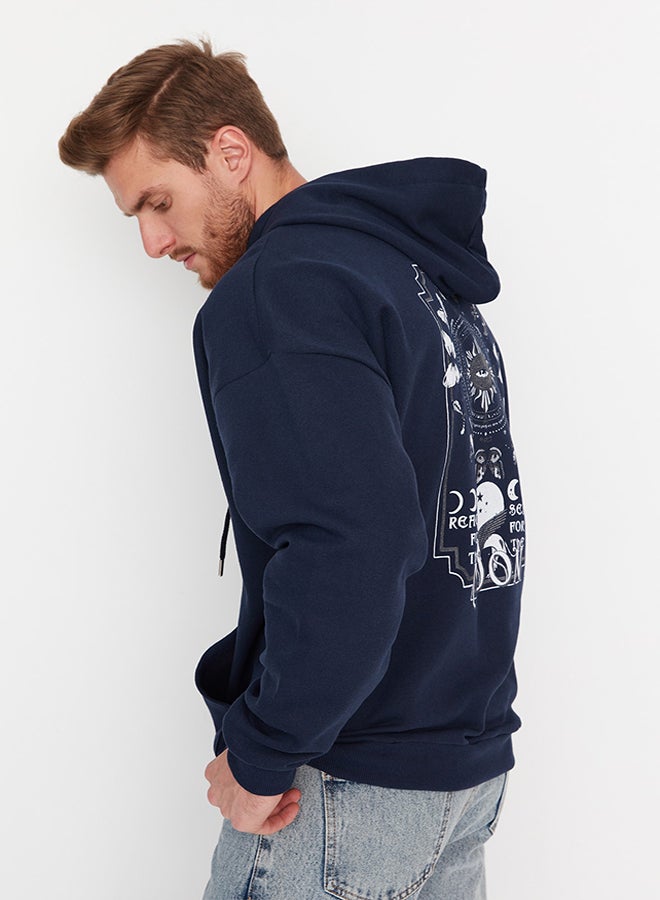 trendyol Navy Blue Men's Oversize Hoodie. Space Printed Cotton Sweatshirt with a Soft Pile Interior TMNAW23SW00344. - Image 5