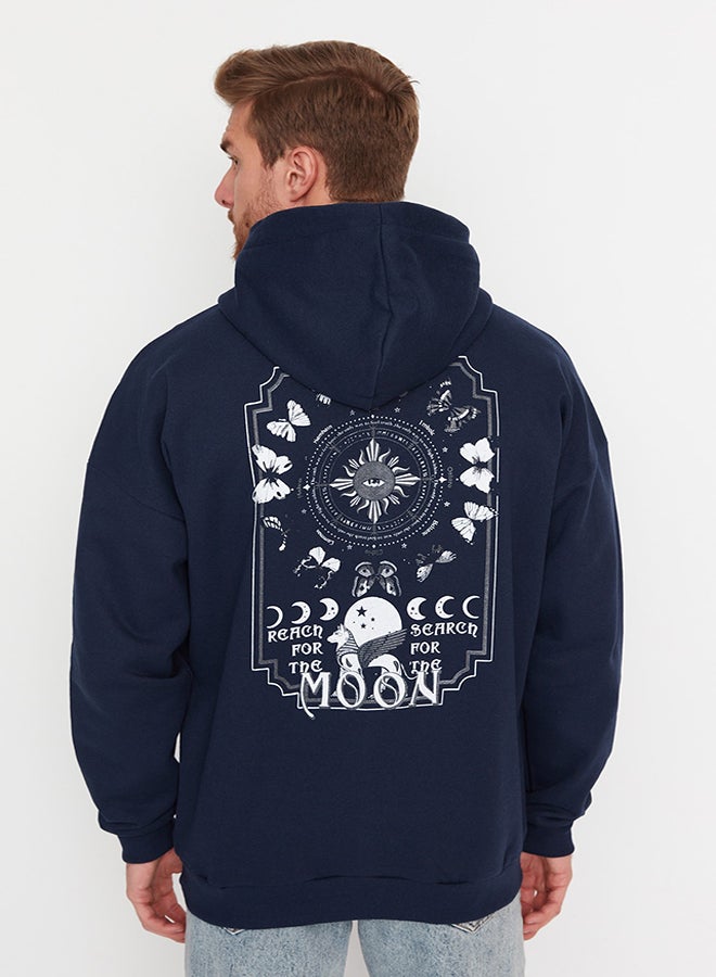 trendyol Navy Blue Men's Oversize Hoodie. Space Printed Cotton Sweatshirt with a Soft Pile Interior TMNAW23SW00344. - Image 1