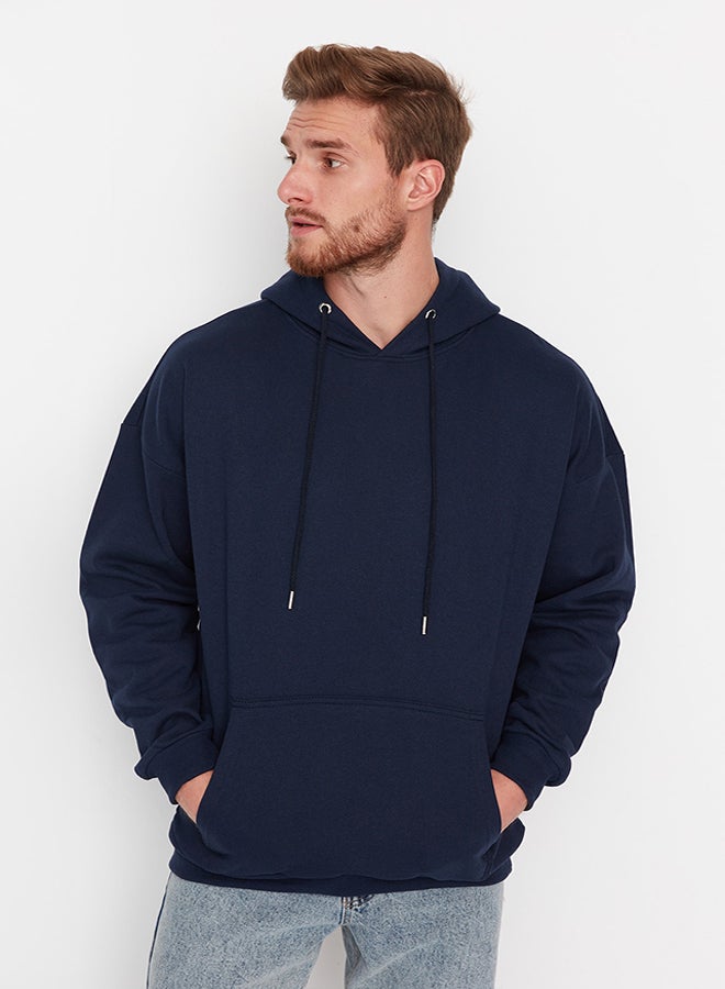 trendyol Navy Blue Men's Oversize Hoodie. Space Printed Cotton Sweatshirt with a Soft Pile Interior TMNAW23SW00344. - Image 2