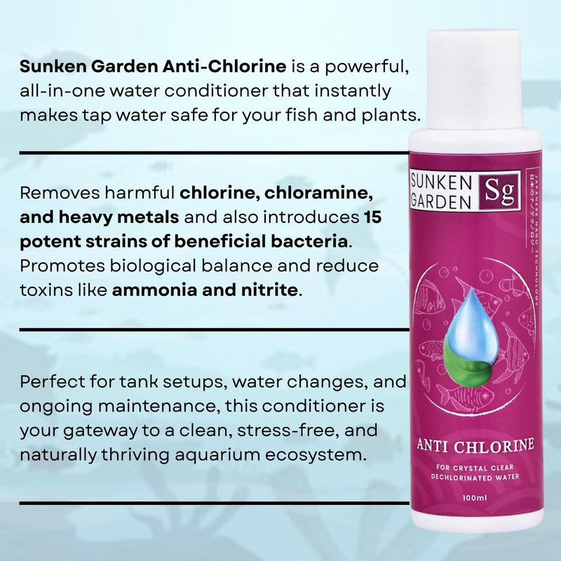 7pets Sunken Garden Anti Chlorine | Dechlorinator + 15-Strain Beneficial Bacteria | Water Conditioner for Freshwater Aquariums (100 ml) - Image 2