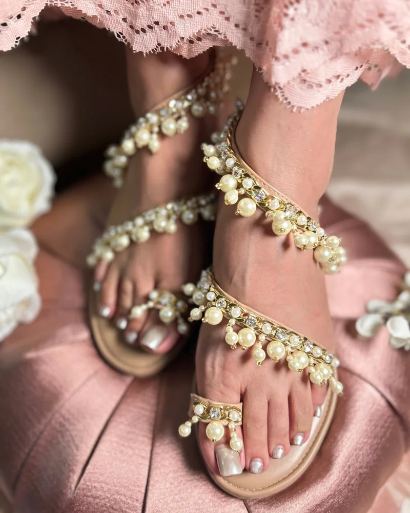 Sandal Stories Beige Pearl Anklet Flats for Women