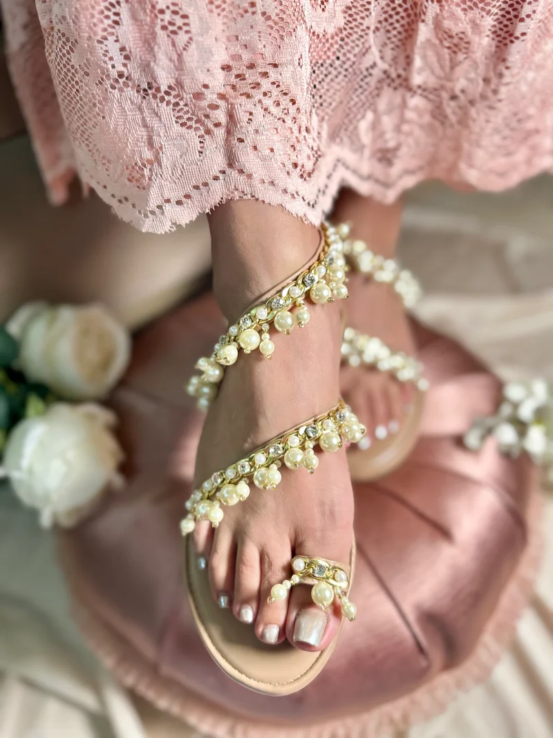 Sandal Stories Beige Pearl Anklet Flats for Women