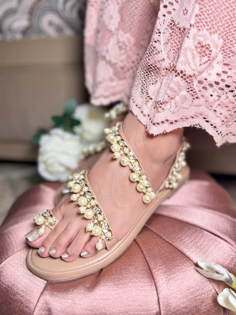 Sandal Stories Beige Pearl Anklet Flats for Women