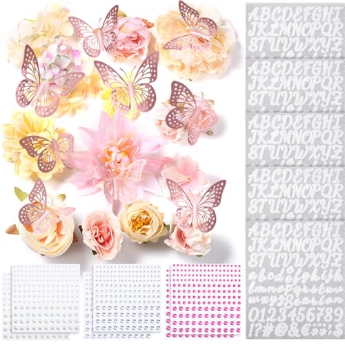 Hoteam DIY Handcraft Decorations Kits Included Faux Flowers 3D Butterfly Stickers Self Adhesive Rhinestones Glitter Alphabet Letter Stickers for Grad Cap Topper Party Gifts Art Decor(Pink) - Image 1