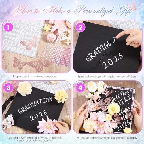 Hoteam DIY Handcraft Decorations Kits Included Faux Flowers 3D Butterfly Stickers Self Adhesive Rhinestones Glitter Alphabet Letter Stickers for Grad Cap Topper Party Gifts Art Decor(Pink) - Image 4