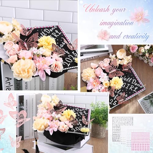 Hoteam DIY Handcraft Decorations Kits Included Faux Flowers 3D Butterfly Stickers Self Adhesive Rhinestones Glitter Alphabet Letter Stickers for Grad Cap Topper Party Gifts Art Decor(Pink) - Image 5