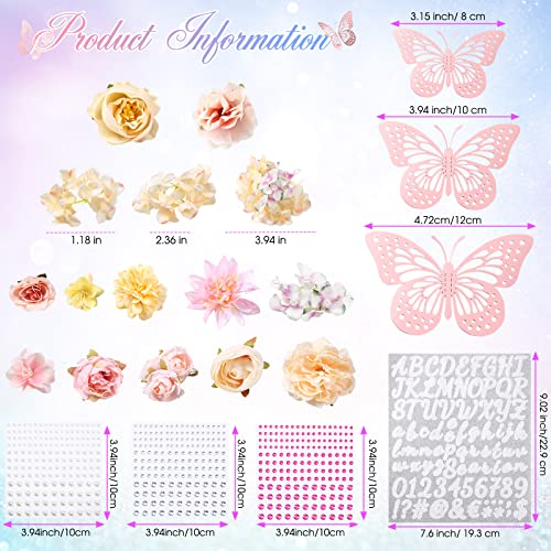 Hoteam DIY Handcraft Decorations Kits Included Faux Flowers 3D Butterfly Stickers Self Adhesive Rhinestones Glitter Alphabet Letter Stickers for Grad Cap Topper Party Gifts Art Decor(Pink) - Image 2