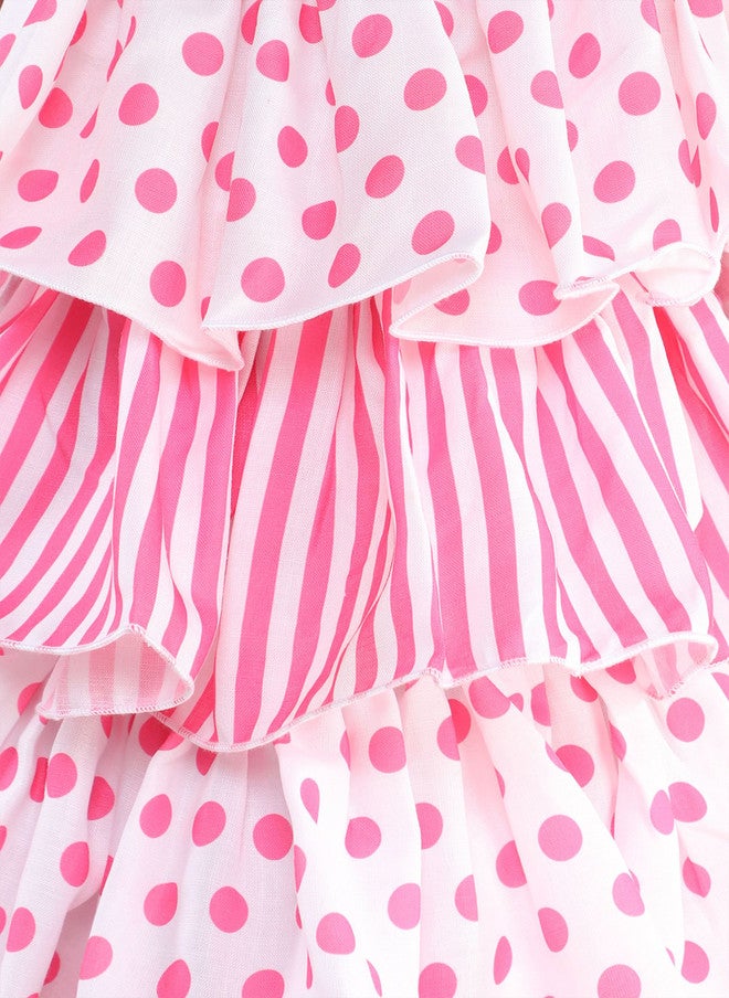 PinkChick Pink Polka Dot Striped Layered A-Line Dress for Girls - Image 2