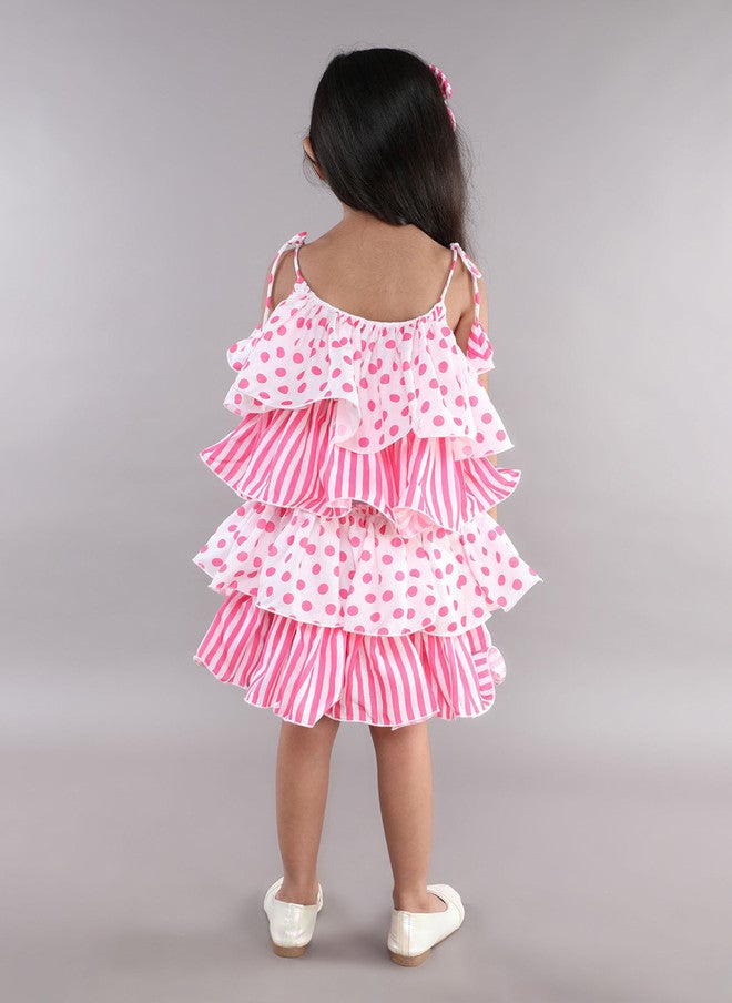 PinkChick Pink Polka Dot Striped Layered A-Line Dress for Girls - Image 5