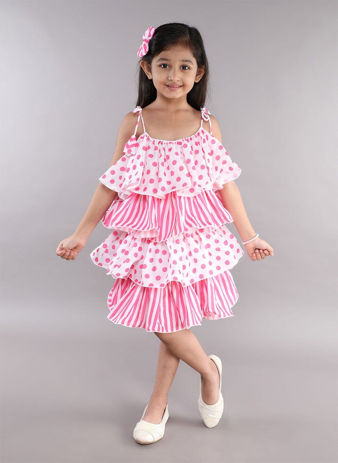 PinkChick Pink Polka Dot Striped Layered A-Line Dress for Girls - Image 1