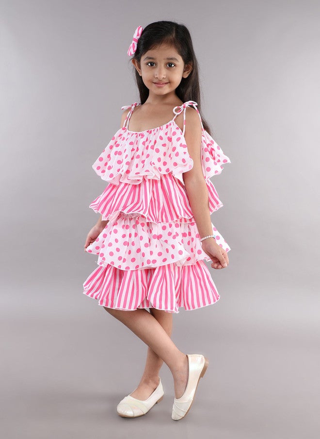 PinkChick Pink Polka Dot Striped Layered A-Line Dress for Girls - Image 4