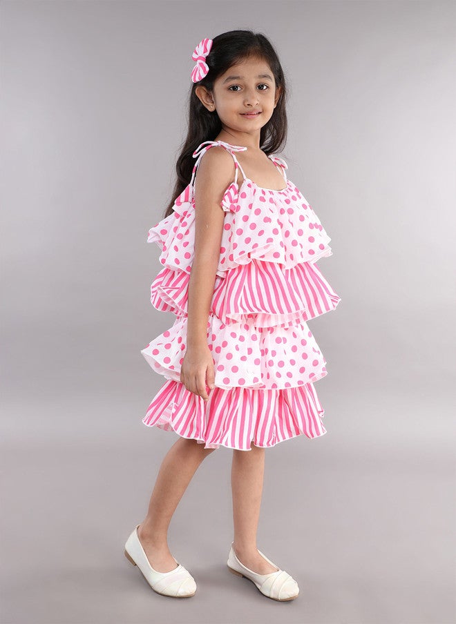 PinkChick Pink Polka Dot Striped Layered A-Line Dress for Girls - Image 3