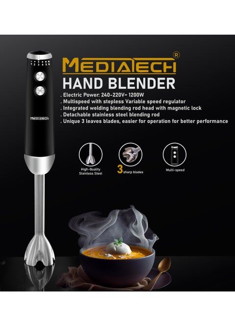 Hand Blender | 1200W | 6 Speeds Continuous Variable Control | Turbo Mode Function | Stainless Steel Leaf Blade and Rod | MT-HB300