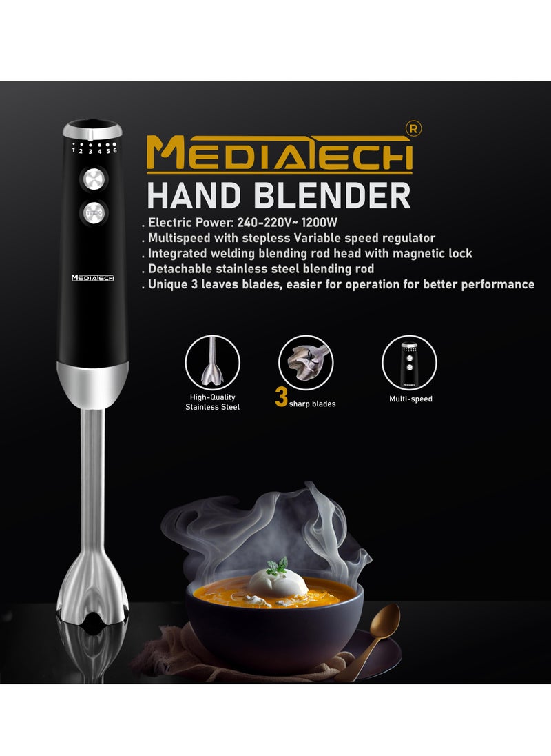 Mediatech - Hand Blender | 1200W | 6 Speeds Continuous Variable Control | Turbo Mode Function | Stainless Steel Leaf Blade and Rod | MT-HB300 - Image 1