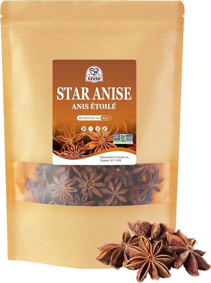 52USA Star Anise Whole, 4 Ounce - Non-GMO Verified Dried Star Anise Pods for Tea and Baking - Image 1