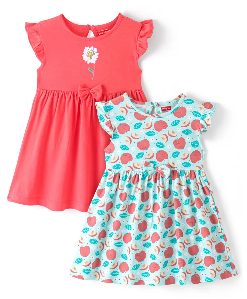 babyhug Babyhug 2 Pack Cotton Knit  Half Frill Sleeves Frocks Apple Print - Multicolor