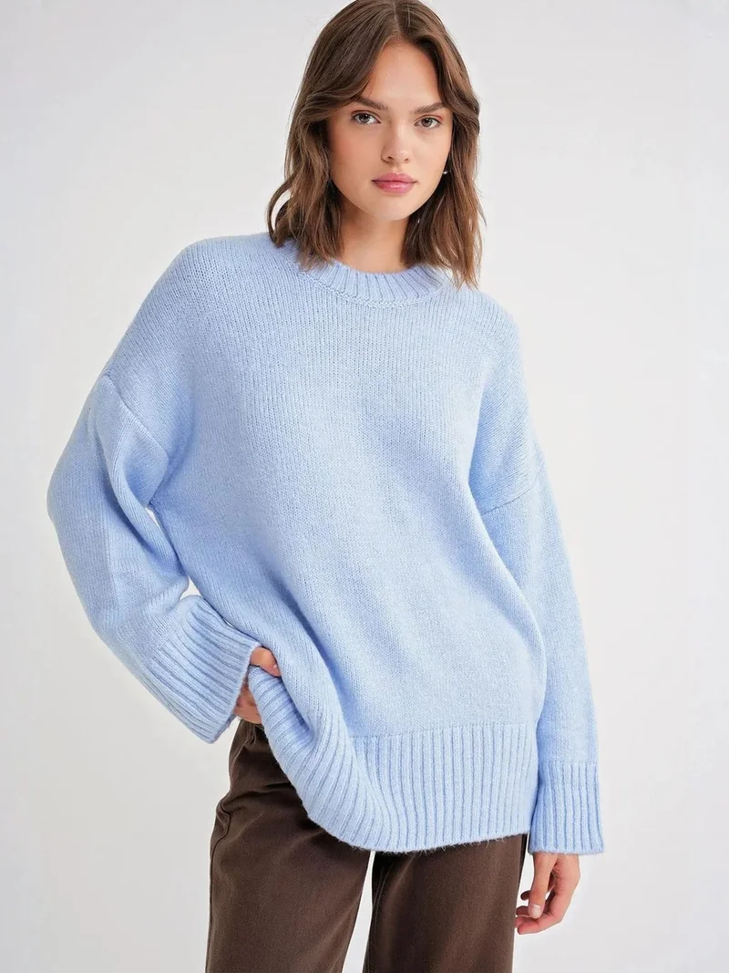 ميكسراي Mixray Oversized Ribbed Knit Sweater with Crew Neck