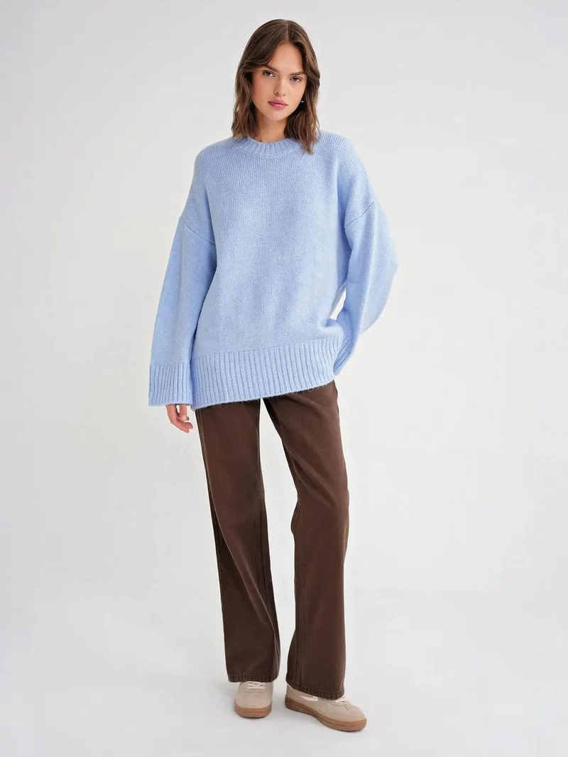 ميكسراي Mixray Oversized Ribbed Knit Sweater with Crew Neck