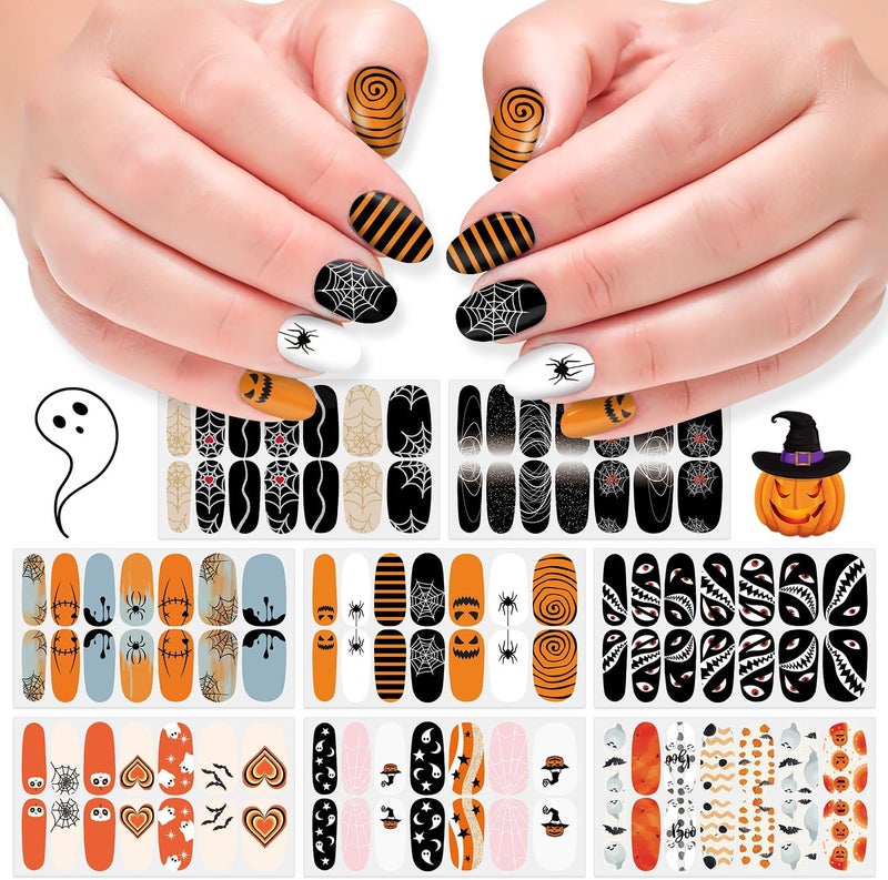 DANNEASY 8 Sheets Halloween Nail Wraps Holiday Nail Polish Stickers Festival Nail Polish Strips for Women Self Adhesive Fingernail Stickers Nails with Nail File, Cuticle Stick