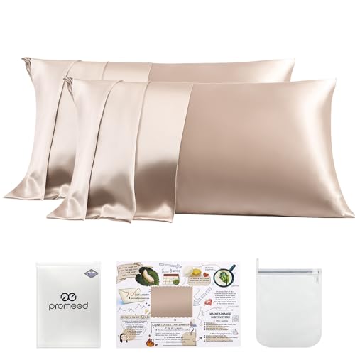 PROMEED 100 Mulberry Silk Pillowcase 2 Pack with Zipper 23 Momme Grade 6A Silk Pillow Case King Size Set of 2 Cooling Pillow Cases for Hot Sleepers King 20x36 Champagne