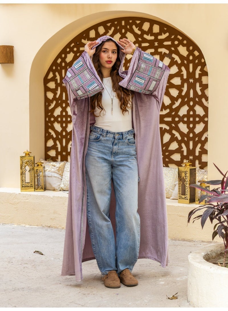 بدايه مودا قفطان مغربى لافندر بحلية على الكم - فرى سايز - Image 4
