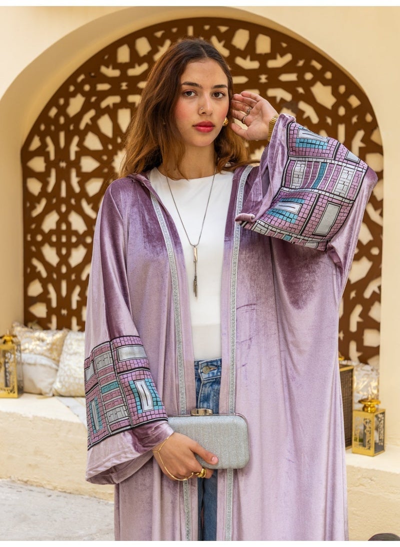 بدايه مودا قفطان مغربى لافندر بحلية على الكم - فرى سايز - Image 3