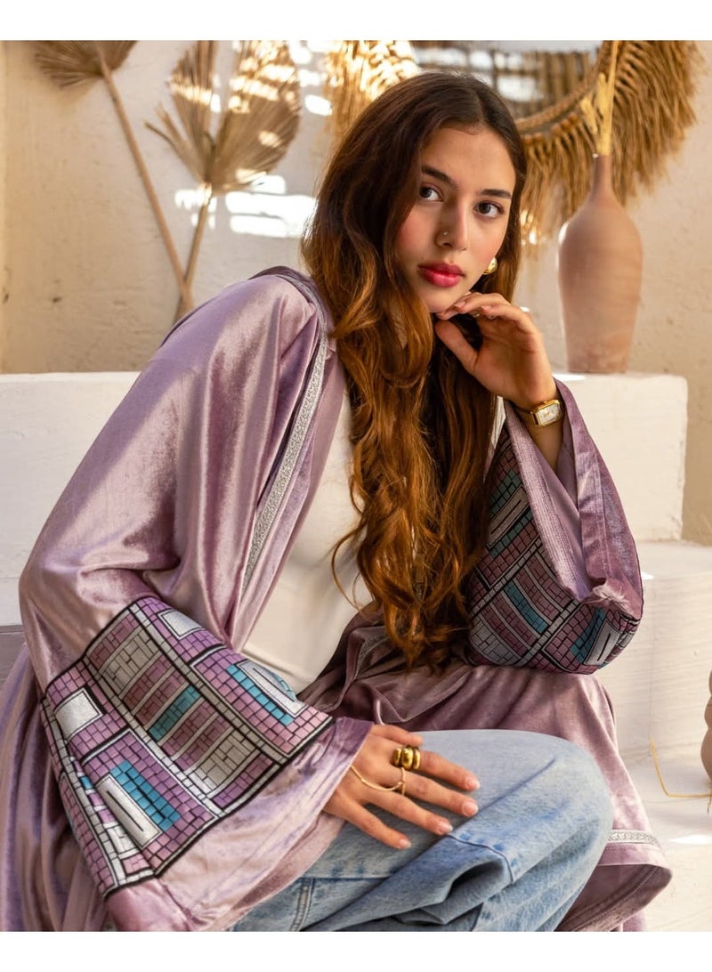 بدايه مودا قفطان مغربى لافندر بحلية على الكم - فرى سايز - Image 1