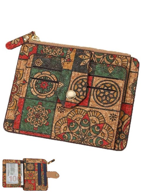 Small Slim Thin Credit Card Bag for Women, Vintage Print Blocking Bifold Cork Wallet with Zipper Coin Pocket,ID Window (Green Grid)