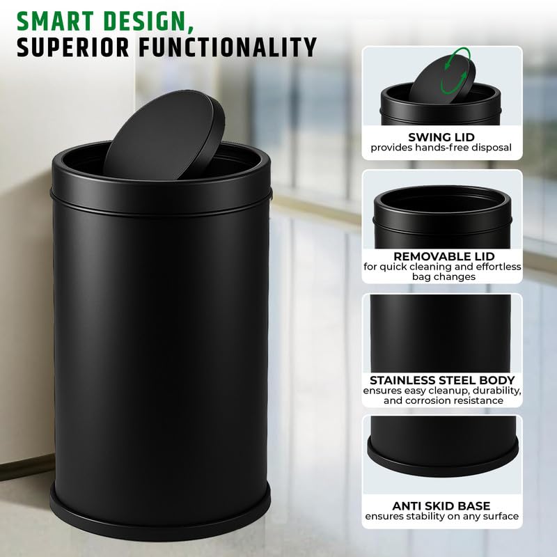 Robustt Swing Lid Dustbin - 20L | Black Stainless Steel Trash Can | 10 Inch (W) x 14 Inch (H) | Swing lid dustbin with removable lid| For Kitchen, Bathroom, Office & Commercial Use - Pack of 1 - Image 2