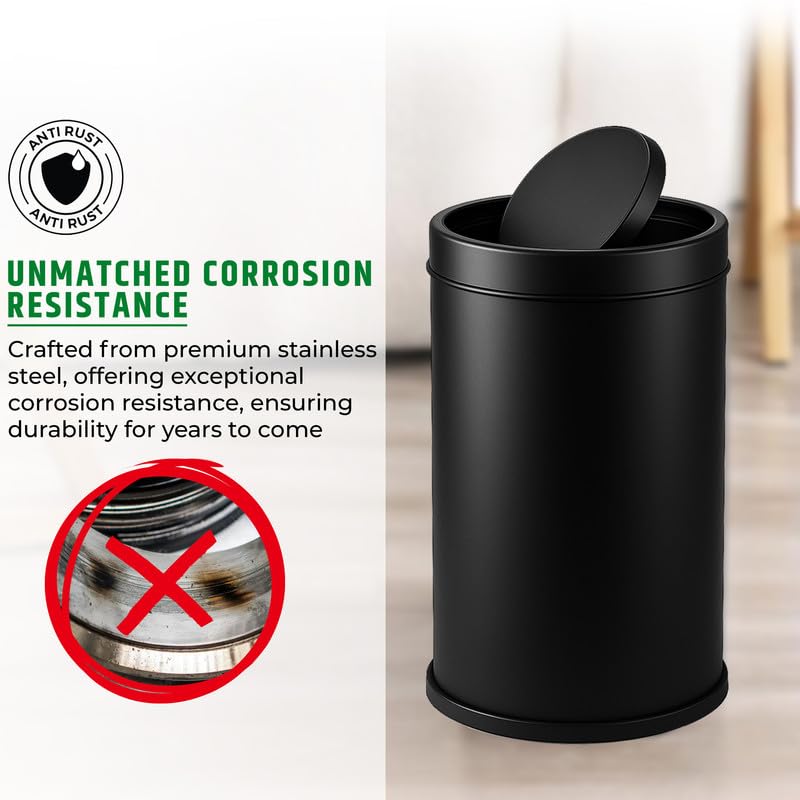 Robustt Swing Lid Dustbin - 20L | Black Stainless Steel Trash Can | 10 Inch (W) x 14 Inch (H) | Swing lid dustbin with removable lid| For Kitchen, Bathroom, Office & Commercial Use - Pack of 1 - Image 4