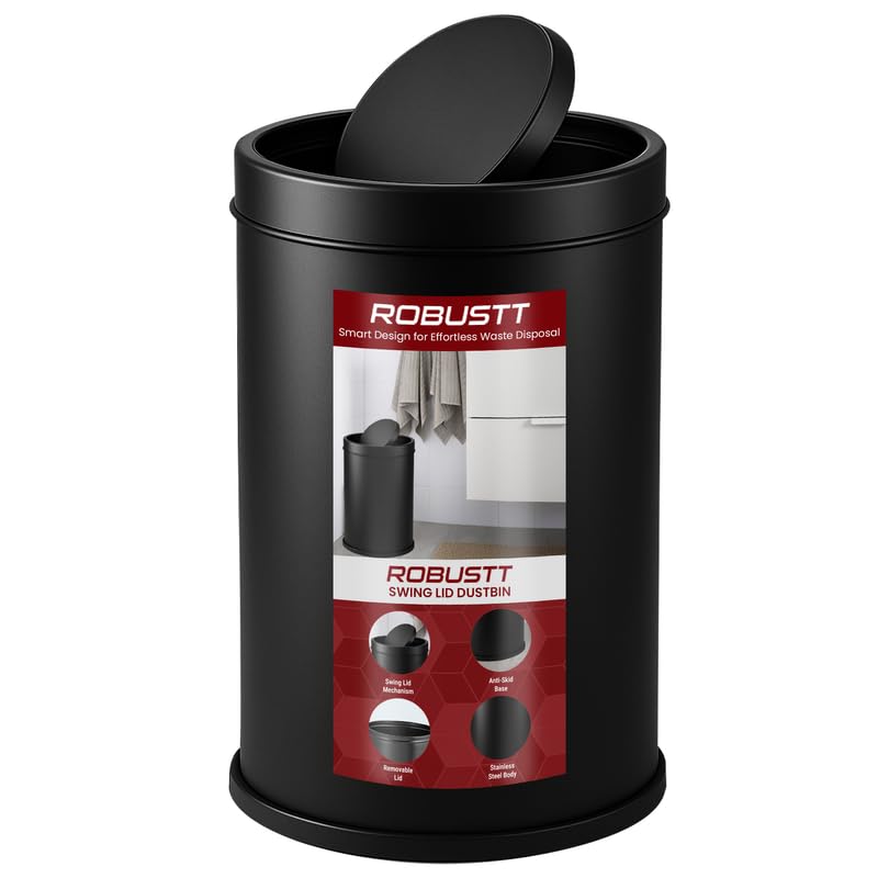 Robustt Swing Lid Dustbin - 20L | Black Stainless Steel Trash Can | 10 Inch (W) x 14 Inch (H) | Swing lid dustbin with removable lid| For Kitchen, Bathroom, Office & Commercial Use - Pack of 1 - Image 1