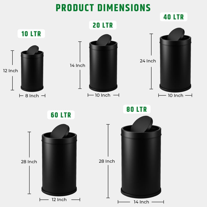 Robustt Swing Lid Dustbin - 20L | Black Stainless Steel Trash Can | 10 Inch (W) x 14 Inch (H) | Swing lid dustbin with removable lid| For Kitchen, Bathroom, Office & Commercial Use - Pack of 1 - Image 5